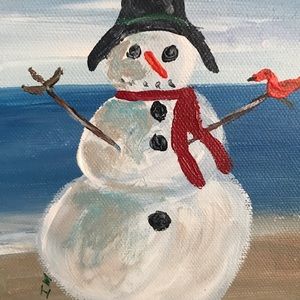 Snowman at the beach 6x6” holiday painting
